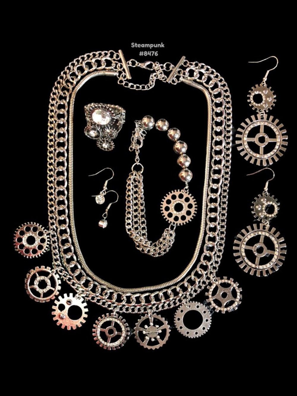 Steampunk Silver Rhinestone Necklace Earrings Bracelet Ring Set Paparazzi 4pcs
